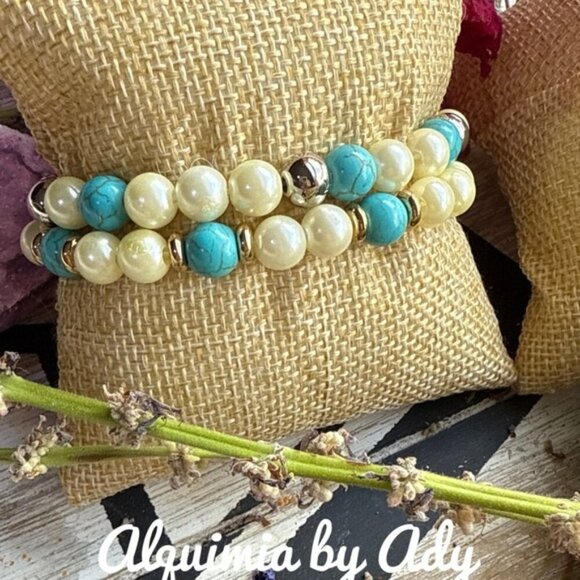 Alquimia Jewelry - Turquoise and Pearl duo bracelet set+ Grandma approved jewelry